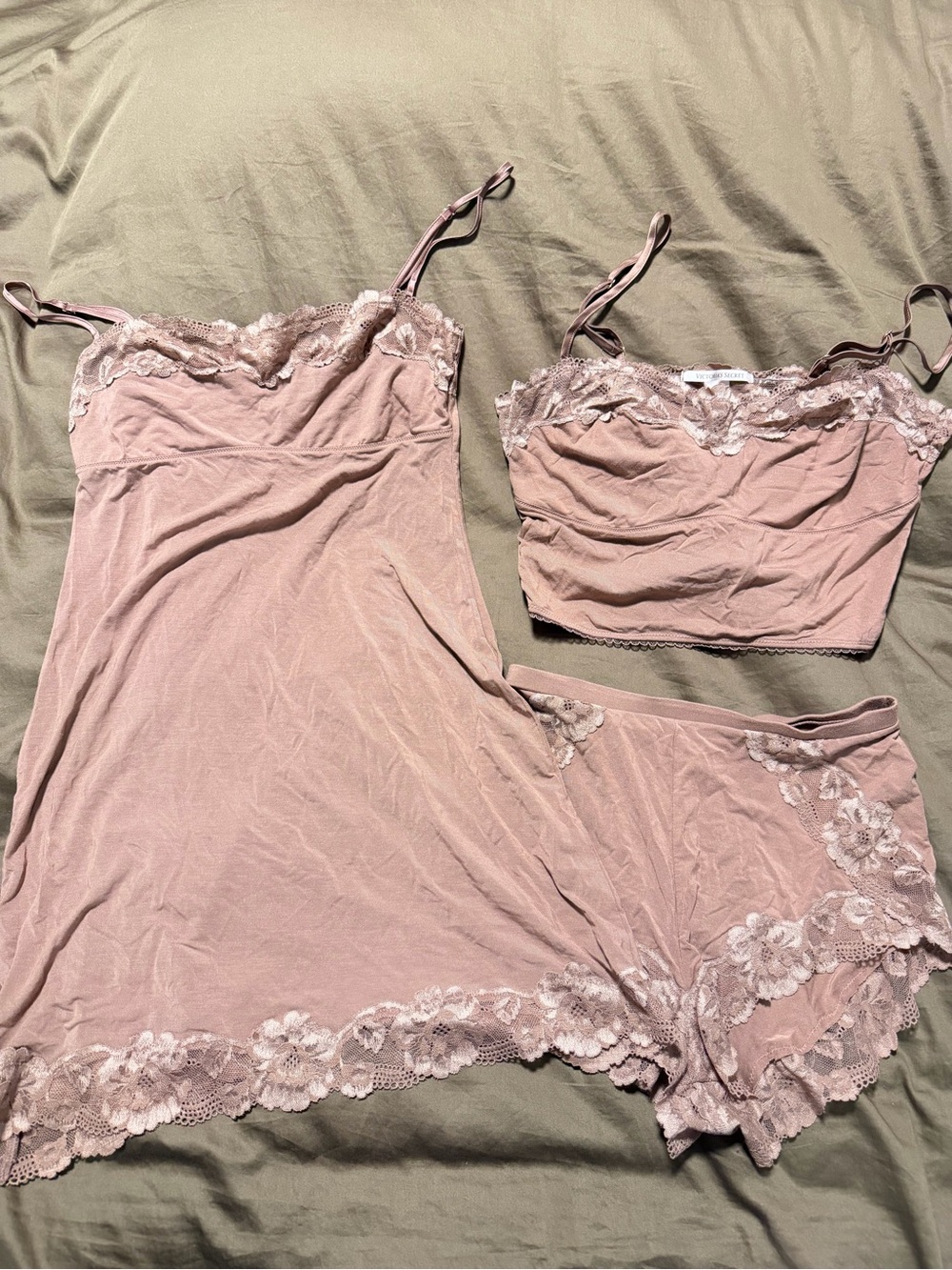 Victoria's Secret Lace-Trim Chemise, Bralette & Shorts Set - Dusty Mauve